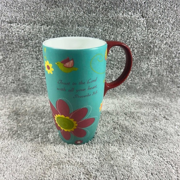Other - Latte Mug Teal Floral Proverbs 3:5 Trust in the Lord Scripture Religious 6in